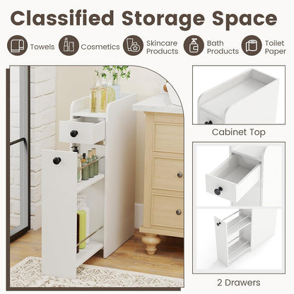 Tangkula Slim Bathroom Storage Cabinet, 4-Tier Narrow Small Side Storage Cabinet Next to Toilet, Slide Out Drawers on Casters, Bathroom Floor Organizer Toilet Paper Holder for Small Spaces (White)