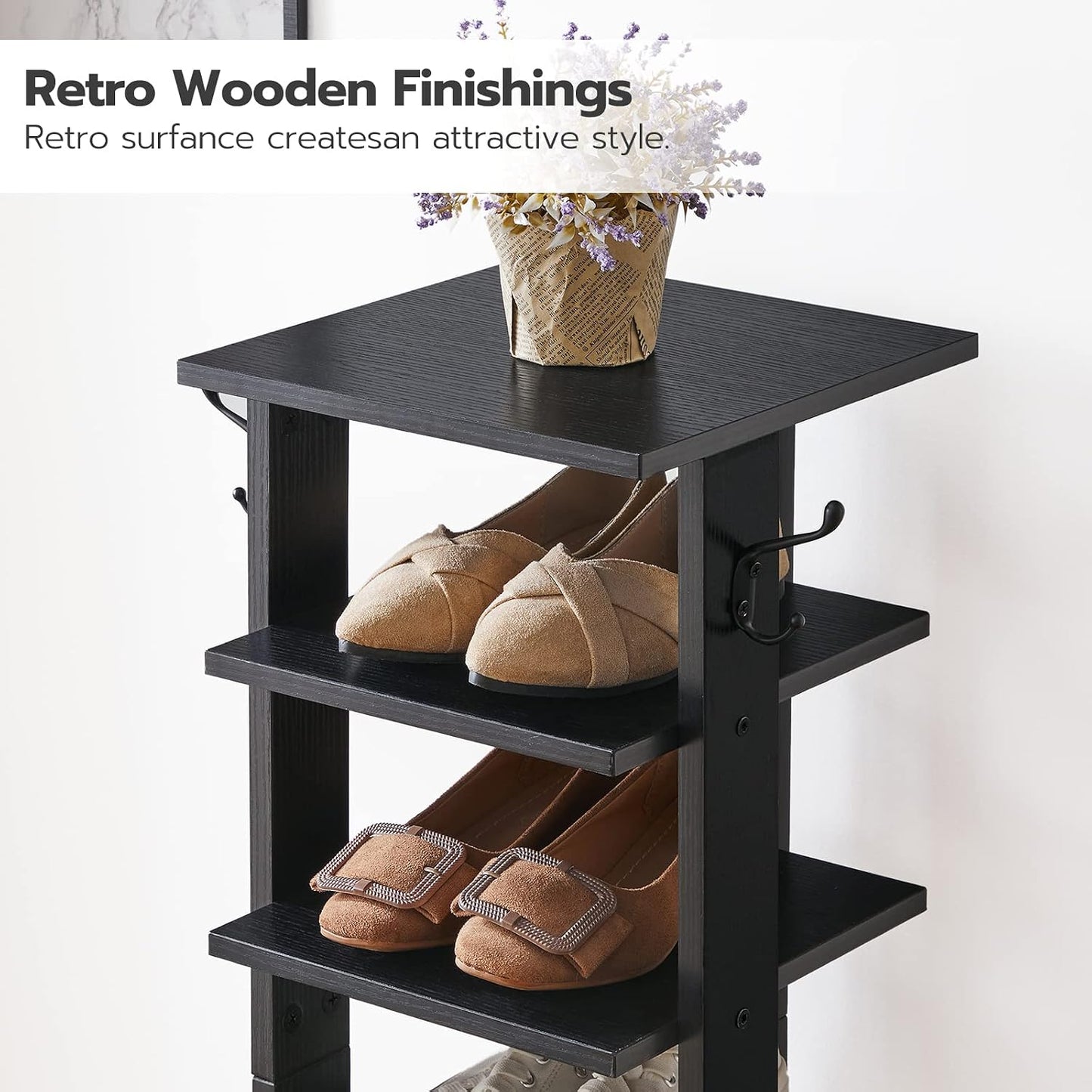 HOOBRO 8 Tiers Vertical Shoe Rack, Wooden Shoe Storage Organizer with Hooks, Narrow Shoe Tower for 8 Pairs, Space Saving, for Entryway, Living Room, Bedroom, Rustic Brown BF07XJ01G1