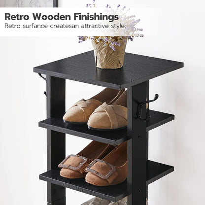 HOOBRO 8 Tiers Vertical Shoe Rack, Wooden Shoe Storage Organizer with Hooks, Narrow Shoe Tower for 8 Pairs, Space Saving, for Entryway, Living Room, Bedroom, Rustic Brown BF07XJ01G1