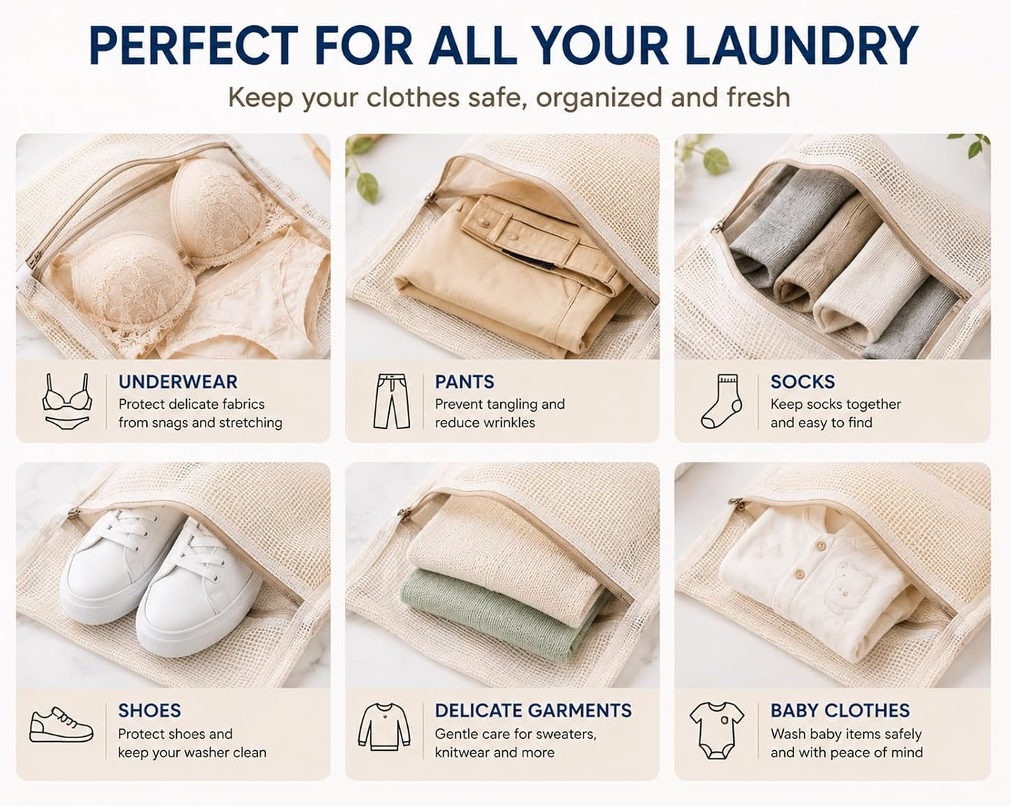 6-Pack Laundry Bags, Durable Cotton Mesh with Sturdy Zipper, Breathable Mesh Fabric, Ideal for Washing Underwear, Pants, Shoes, Socks and Delicate Garments