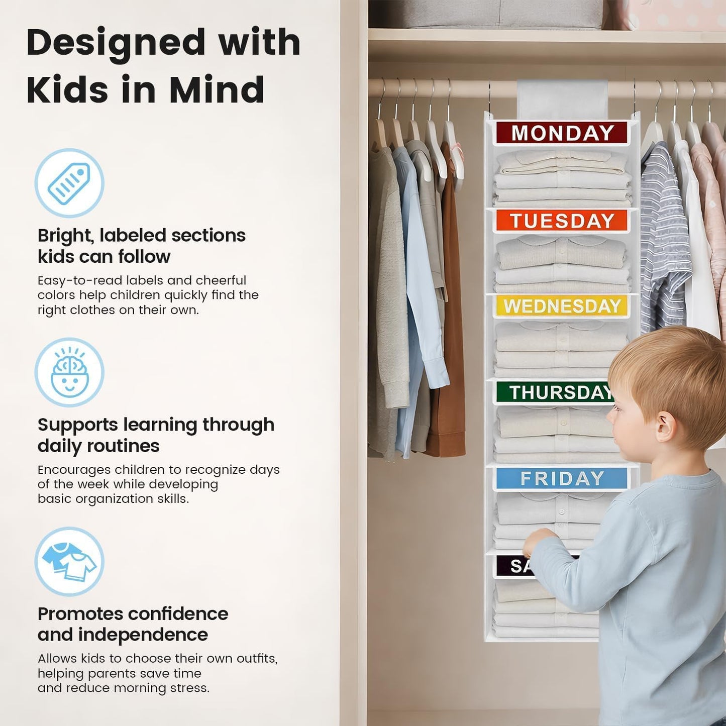 Weekly Clothes Organizer for Kids, 5-Shelf Kid Hanging Closet Organizer w/ 6 Side Pockets, Labeled Weekly Outfit Organizer for Kids, Days of The Week Clothes Organizer Monday Through Friday White