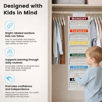 Weekly Clothes Organizer for Kids, 5-Shelf Kid Hanging Closet Organizer w/ 6 Side Pockets, Labeled Weekly Outfit Organizer for Kids, Days of The Week Clothes Organizer Monday Through Friday White