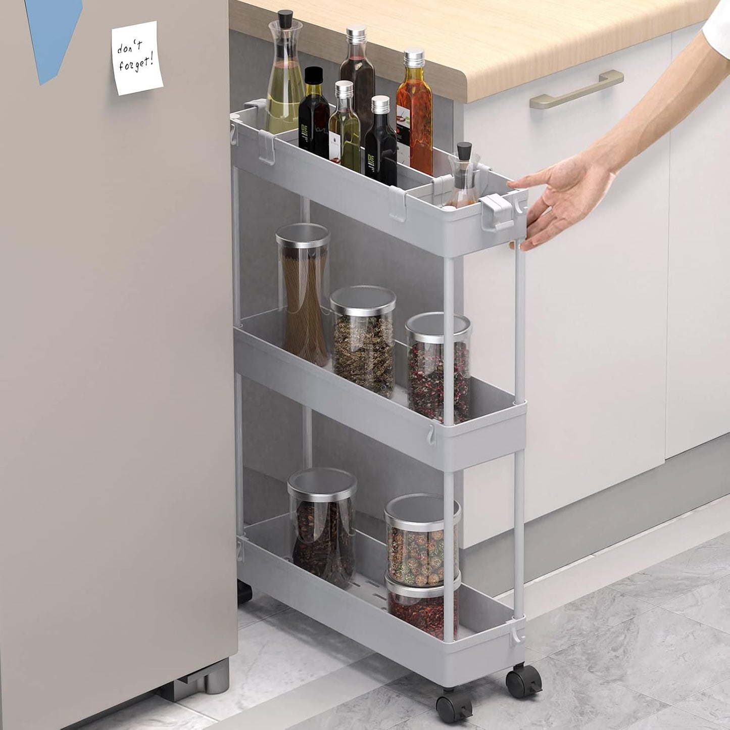 SPACELEAD Slim Storage Cart 3 Tier,Bathroom Organizer Rolling Utility,Mobile Shelving Unit Slide Out for Office, Kitchen, Laundry Room & Narrow Places，Green