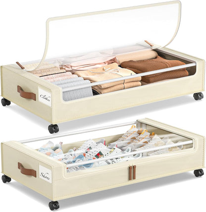 Yecaye Under Bed Storage with Wheels, 2 Pack Under Bed Storage Containers, 60L Underbed Shoe Storage with Clear Window & Label, Rolling Under Bed Metal Drawer for Clothes, Shoes, Books, Blankets