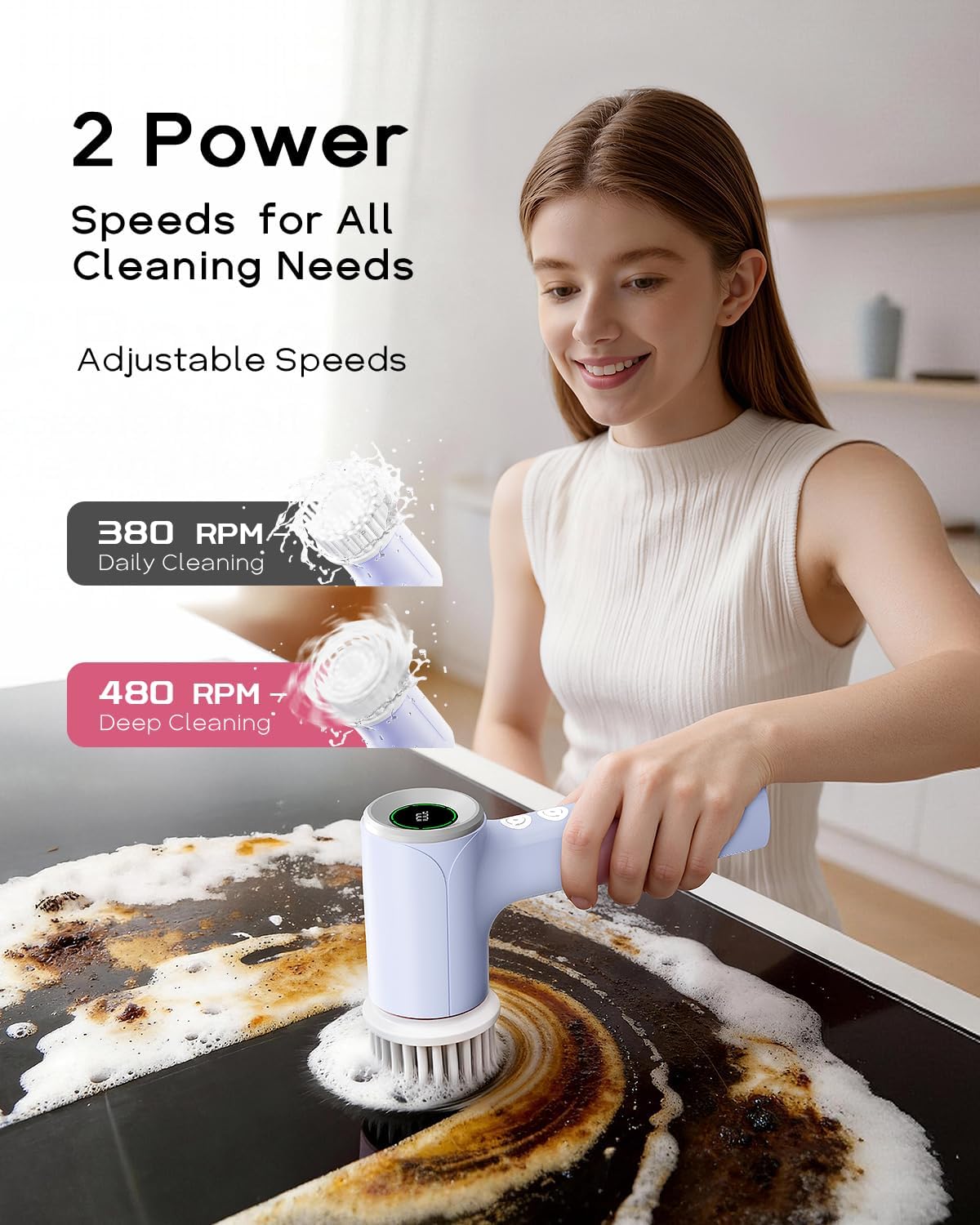 PUFTEM Electric Spin Scrubber for Bathroom Cleaning, Cordless Shower Scrubber with 6 Brush Heads, Dual-Direction Rotation, Handheld Cleaning Brush for Grout, Tile, Tub, Sink & Corners, Purple