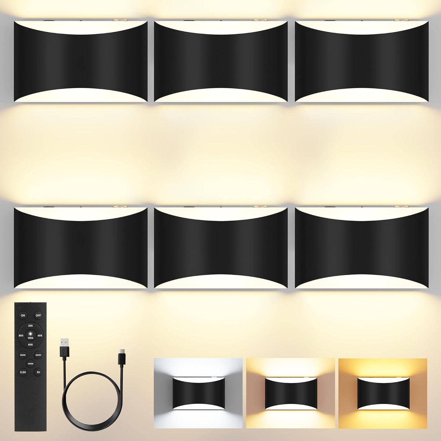 FOLKSMATE Battery Operated Wall Sconces Set of 2, 8000mAh Rechargeable Remote & Touch Control Wall Lamps, 3 Color Temperatures, Timer Dimmable Light for Bedroom, Living Room, Hallway