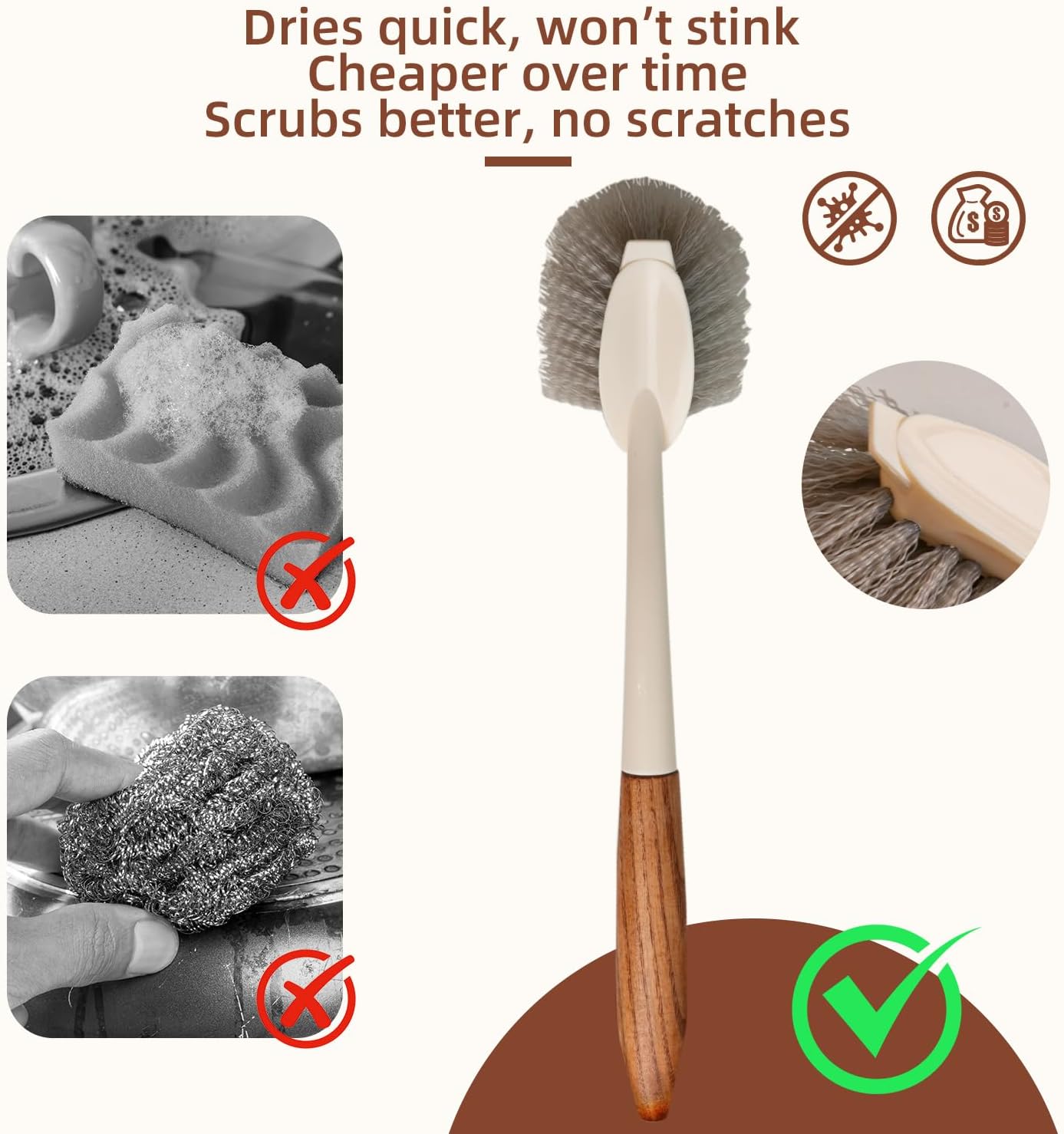 4-Pack Heavy Duty Scrub Brushes Set with Wooden Handles, Triangle & Square Floor Scrubber, Dish Brush, Grout Cleaner for Kitchen, Bathroom, Tile, Carpet & Stubborn Stains Removal
