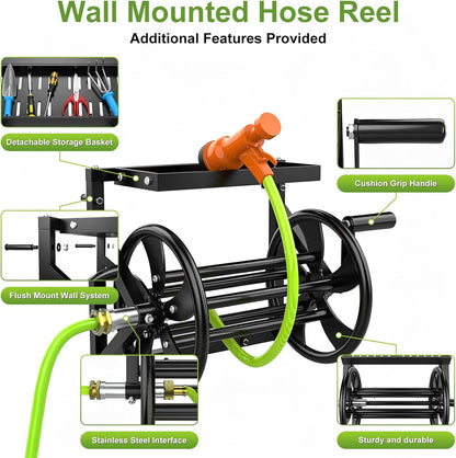 Wall Mounted Garden Hose Reel for Outside, Holds 130-Feet of 5/8-Inch Hose