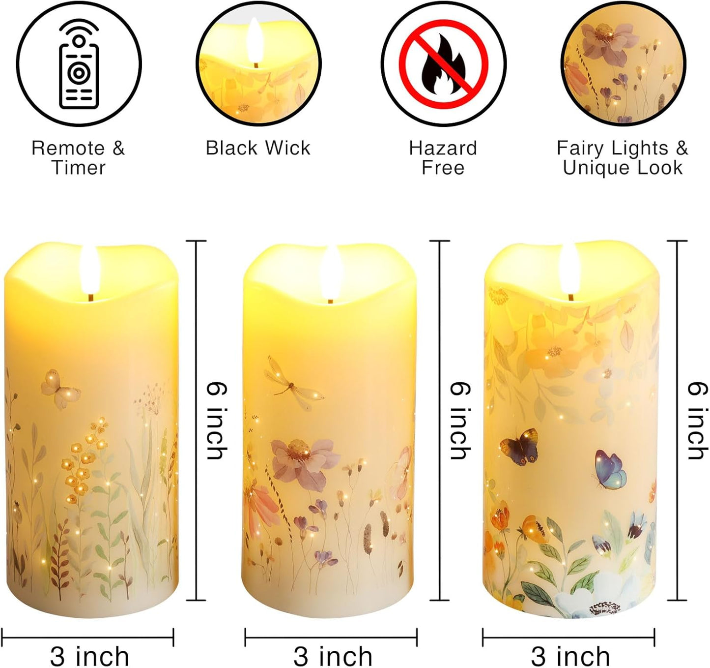 Eywamage Fiber Optic Flameless Pillar Candles with Remote, Floral Butterfly Spring LED Candles Flickering Home Decor Gift Set of 3