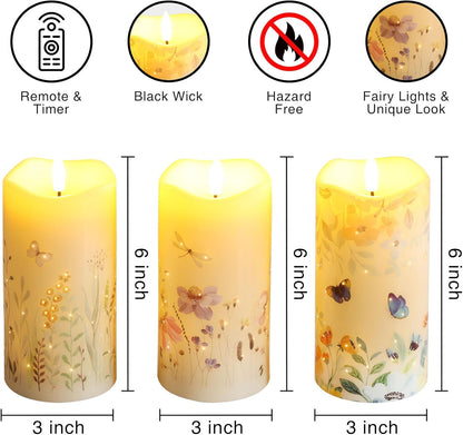 Eywamage Fiber Optic Flameless Pillar Candles with Remote, Floral Butterfly Spring LED Candles Flickering Home Decor Gift Set of 3
