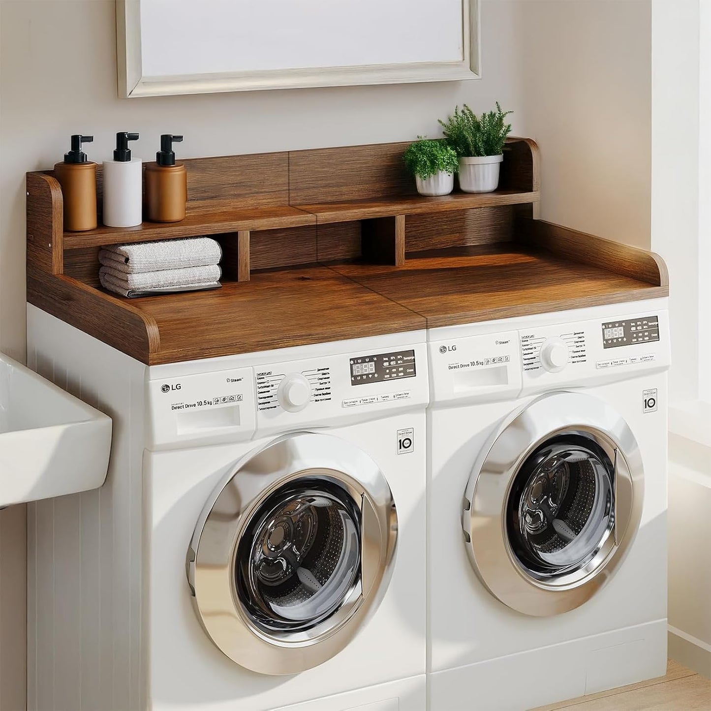 54" 2 Tier Washer Dryer Countertop with Storage Shelf, Waterproof MDF Laundry Room Organizer, Folding Station, Mechanically Joined Two-Panel Countertop (Walnut Brown)