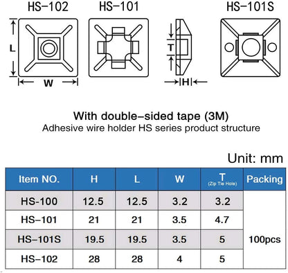 XHF 100 PCS 3/4" Black Self Adhesive Cable Zip Tie Mounts Wire Cable Clips Holders Management Anchors Organizer Holders Squares(HS-101S)