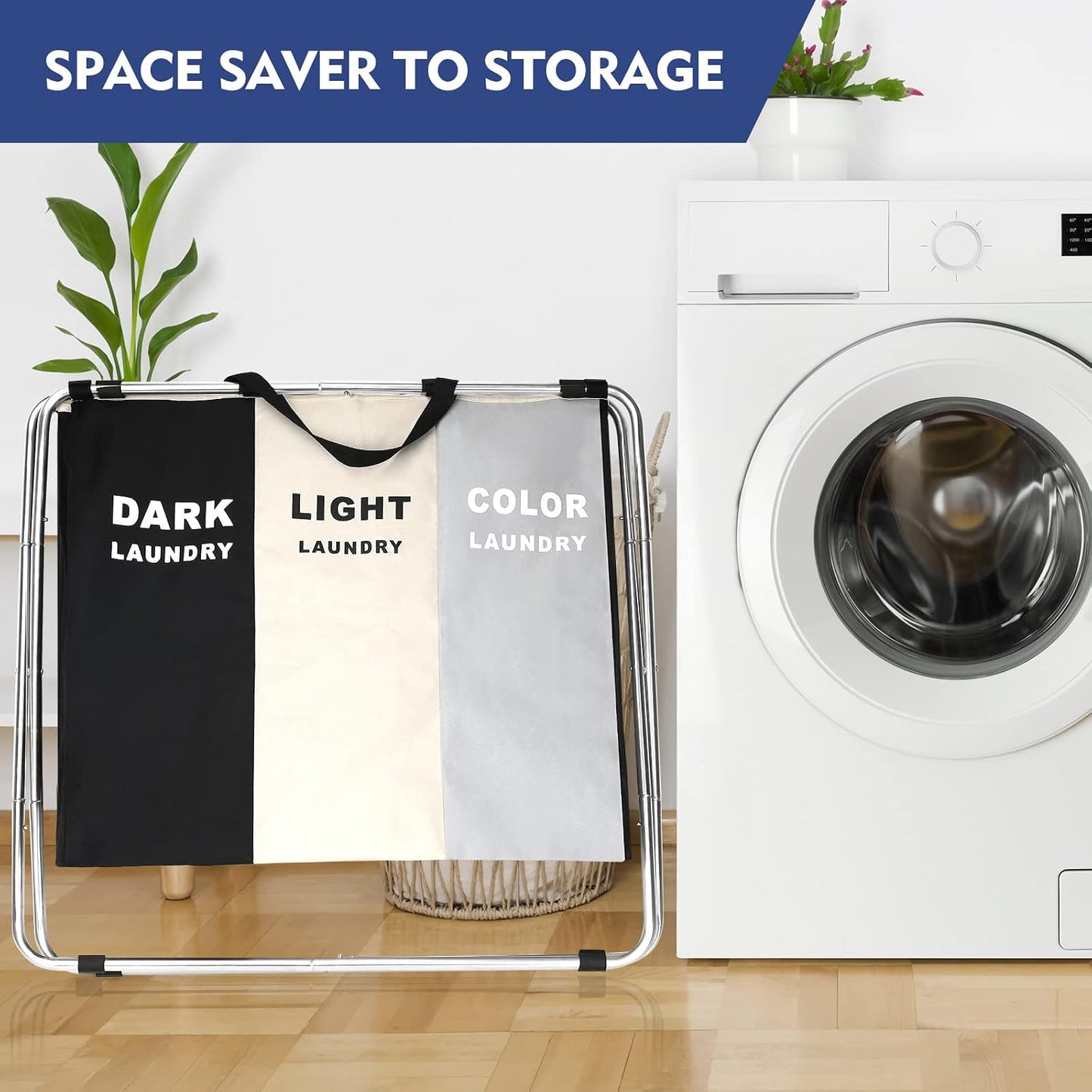 135L Laundry Cloth Hamper Sorter Basket Bin Foldable 3 Sections with Aluminum Frame 26''×24''H Washing Storage Dirty Clothes Bag for Bathroom Bedroom Home Storage Basket (Black+light grey+dark grey, 3