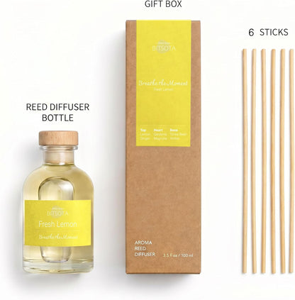 Natural Reed Diffuser Set, Fresh Lemon 3.52 oz (100ml) Scented Diffuser with Sticks Home Fragrance Reed Diffuser for Bathroom Shelf Decor, Ideal Gift for Woman