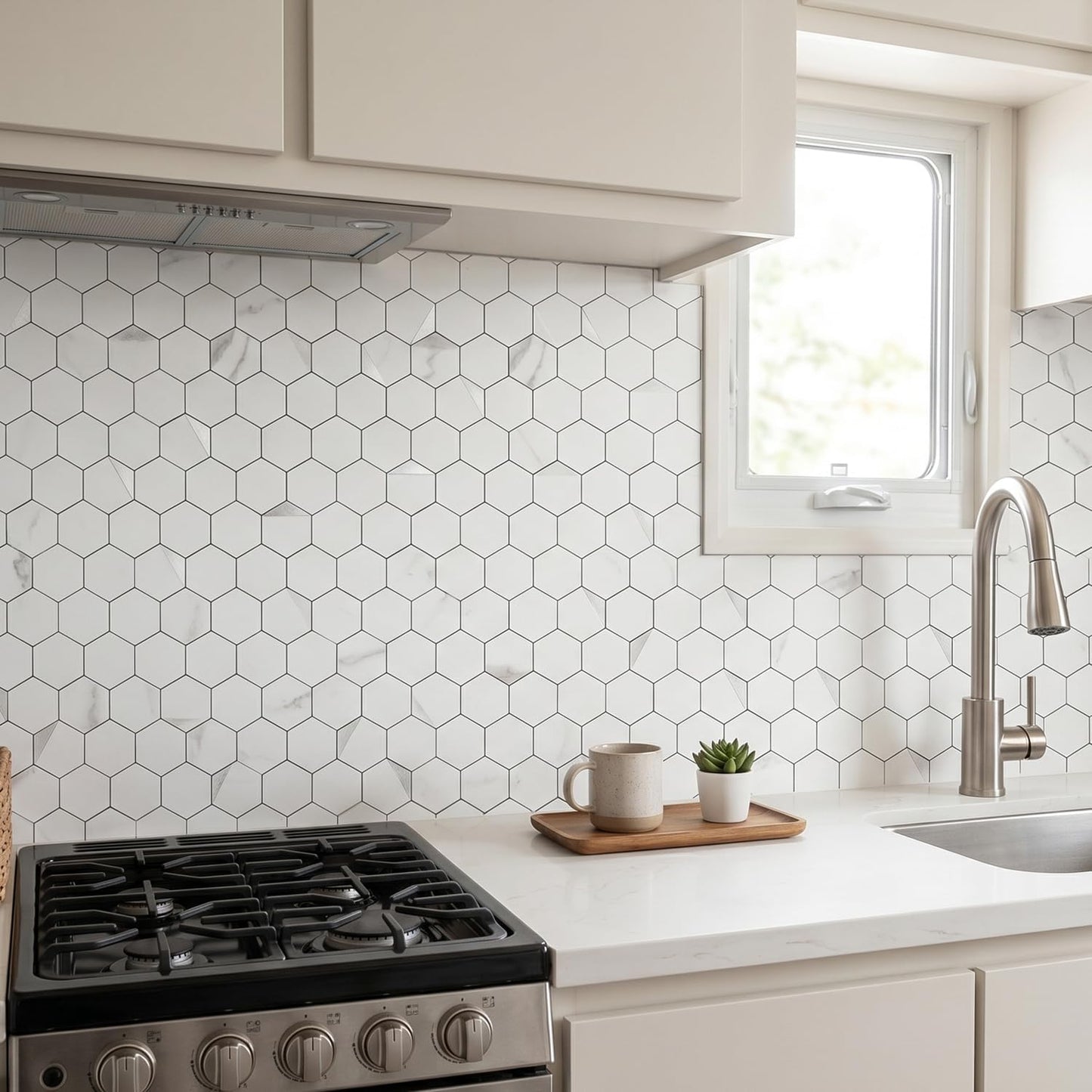 10-Sheet Heavy-Duty Hexagon Peel and Stick Backsplash, Thick Waterproof &Heat Resistant Stick on Wall Tiles, Slate Beige Mosaic for Kitchen & Bathroom, Strong Adhesive Permanent PVC Tiles