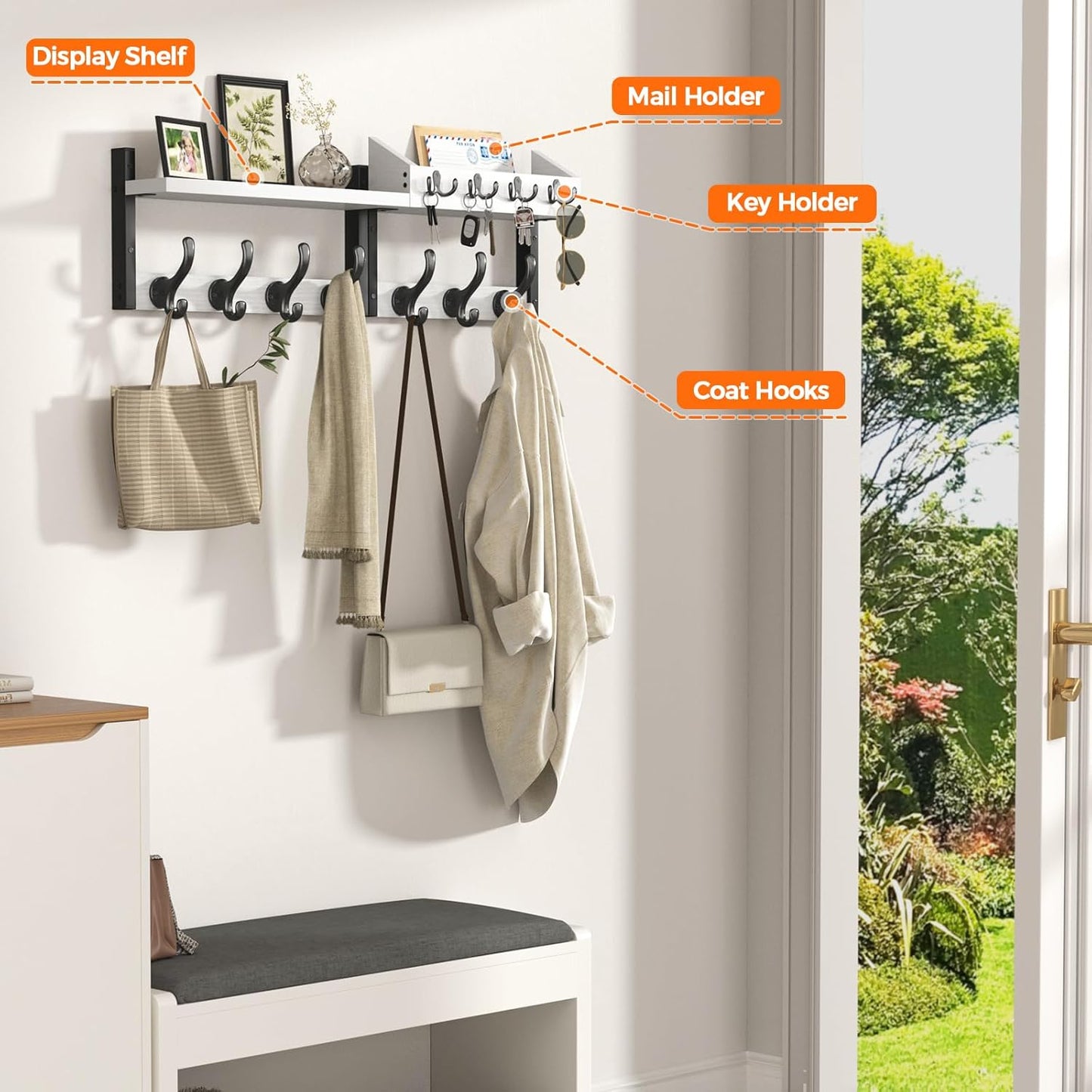 Evermagin 29" Coat Rack Wall Mount with Shelf, 4 in 1 Coat and Key Hanger with 11 Metal Hooks, Entryway Wall Mounted Shelf with Mail Holder for Living Room, Bedroom, Rustic Brown