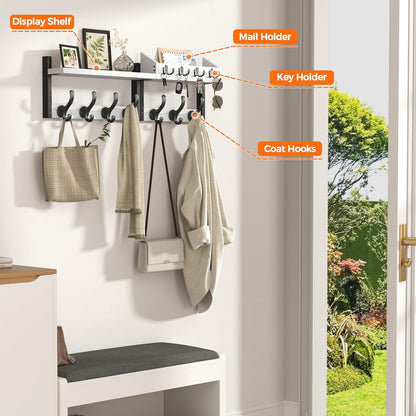 Evermagin 29" Coat Rack Wall Mount with Shelf, 4 in 1 Coat and Key Hanger with 11 Metal Hooks, Entryway Wall Mounted Shelf with Mail Holder for Living Room, Bedroom, Rustic Brown