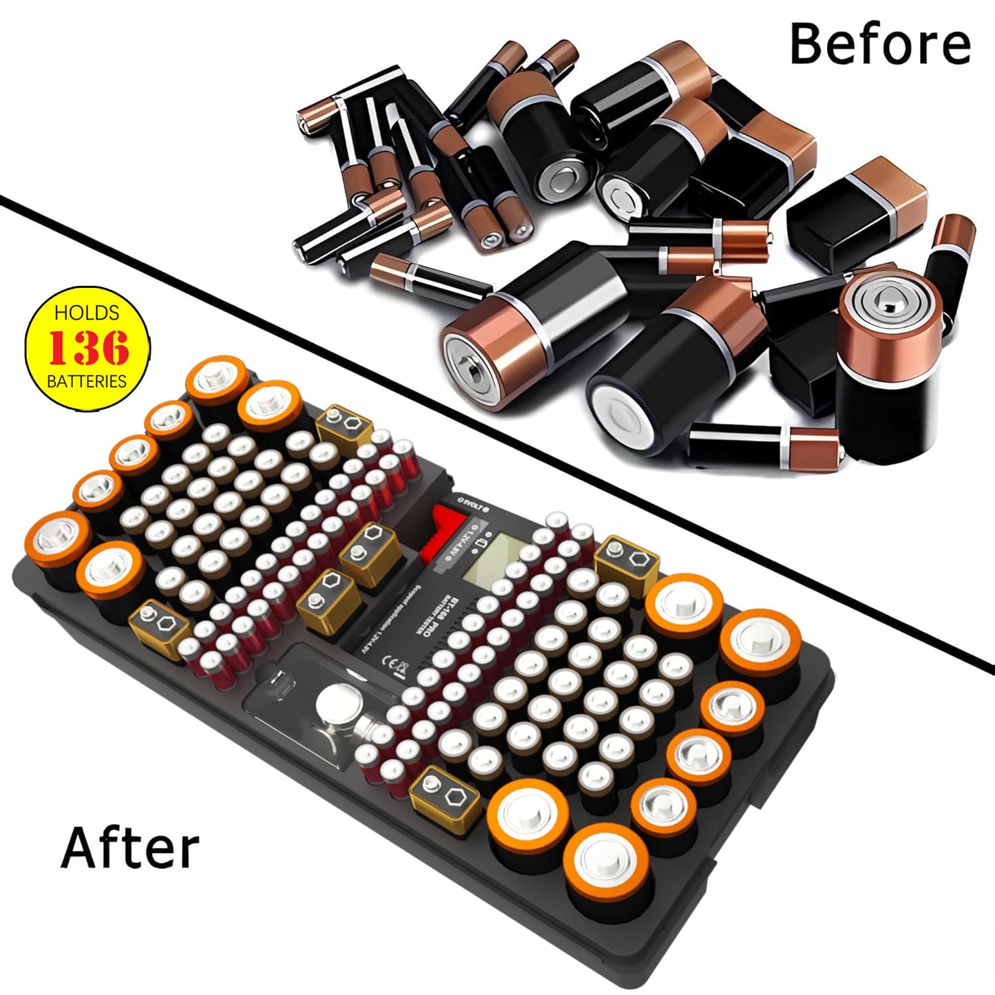 Battery Organizer Storage Case with Tester | Stores & Protects Up to 136 Batteries, Holds AAA AA C D 9V Button Cell with Clear Locking Lid for Home & Garage