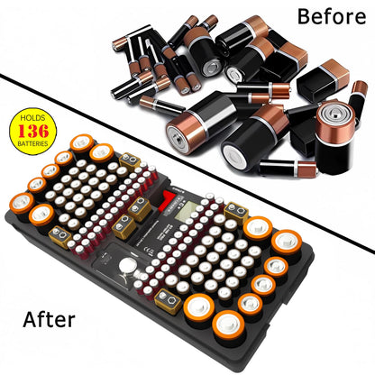 Battery Organizer Storage Case with Tester | Stores & Protects Up to 136 Batteries, Holds AAA AA C D 9V Button Cell with Clear Locking Lid for Home & Garage
