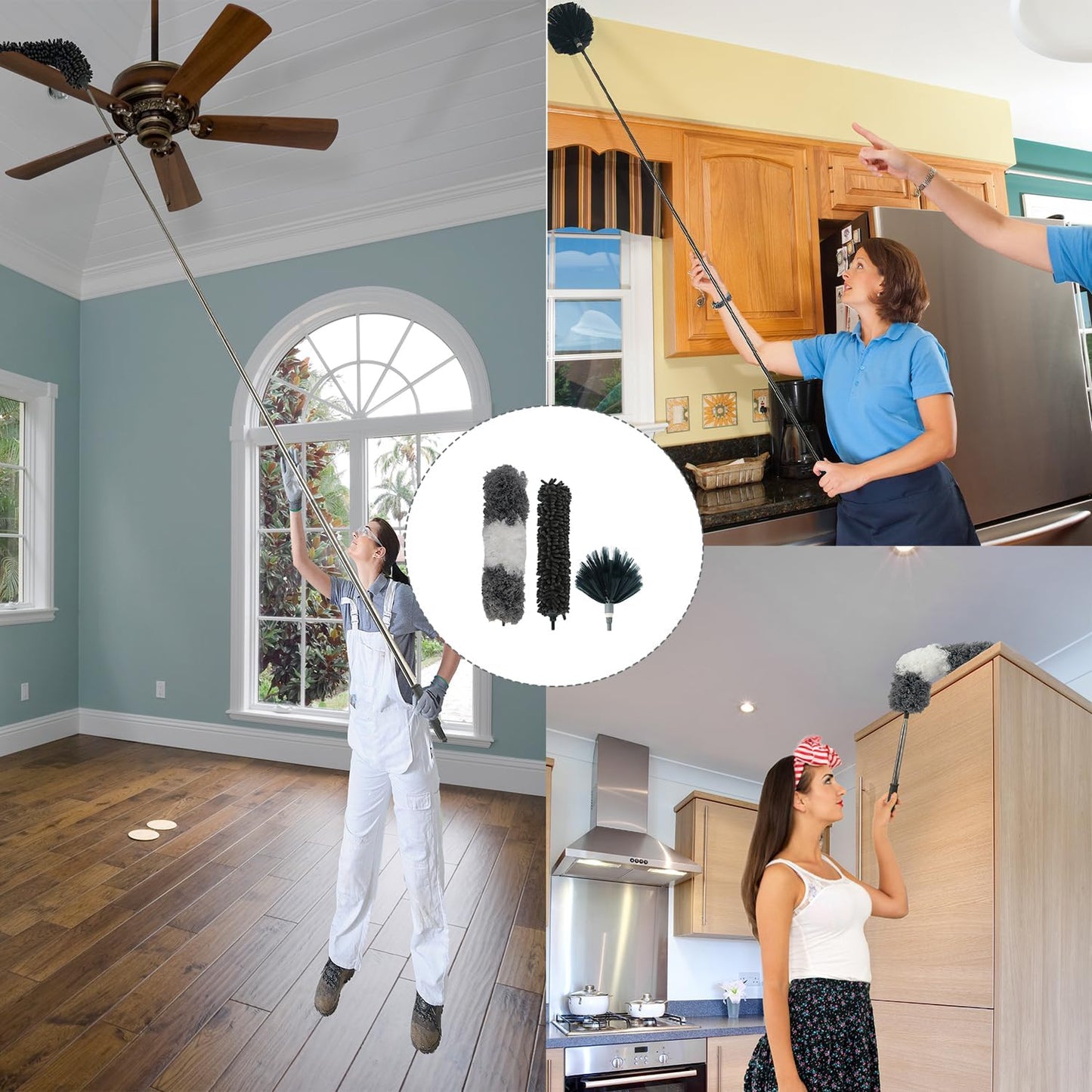 4-in-1 Spider Web Brush with Pole,Microfiber Ceiling Fan Cleaner Duster | 3 Washable Heads,100" Extension Pole,Bendable Spider Web Brush for High Ceiling Fans Blinds Windows Wall Furniture
