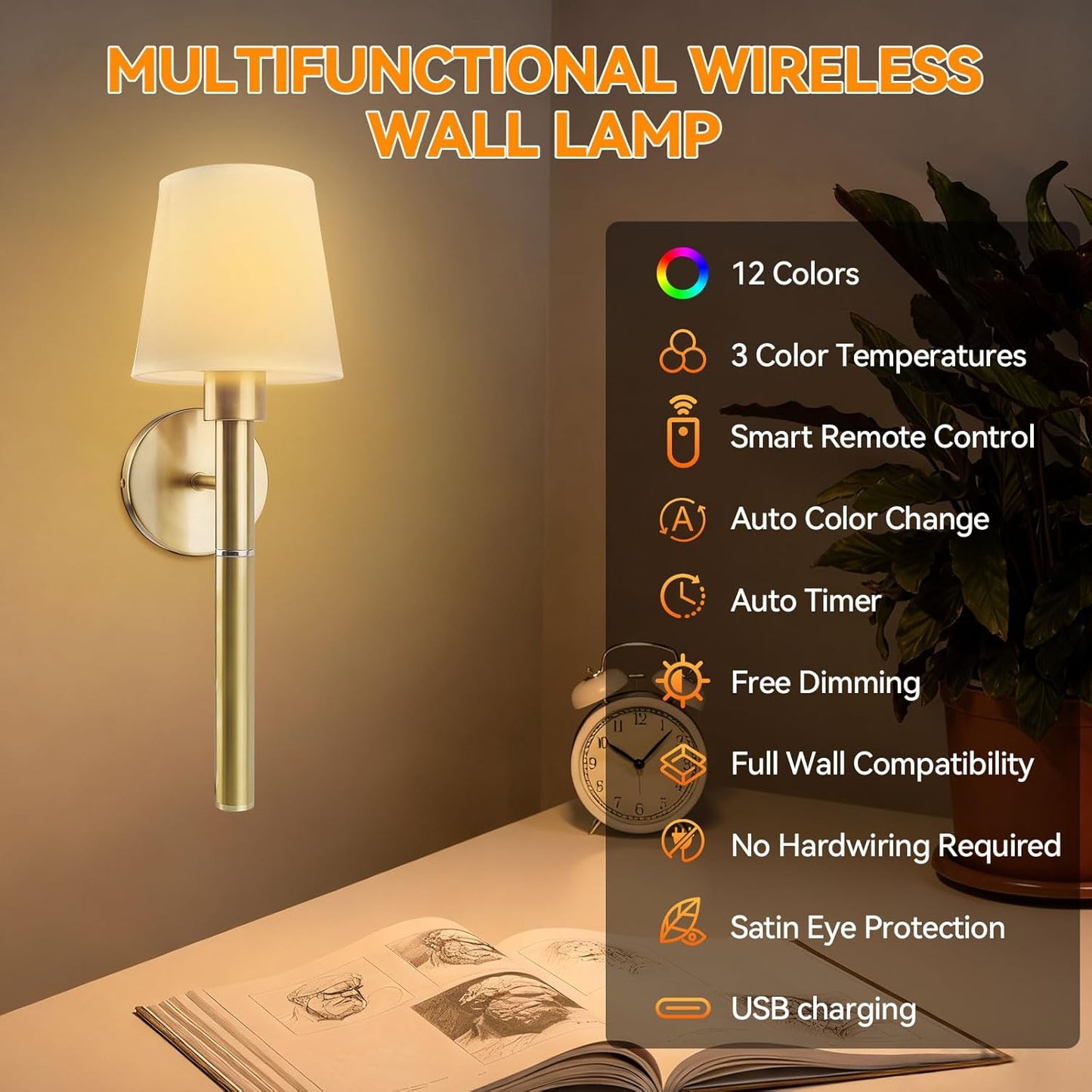 Neddie Battery Operated Wall Sconce Set of 2,Gold Rechargeable Wall Sconce,3 Dimmable Light Bulbs with Remote Control – 12-Color Wireless Wall Sconces, Ideal for Bedrooms, Living Rooms& Hallways