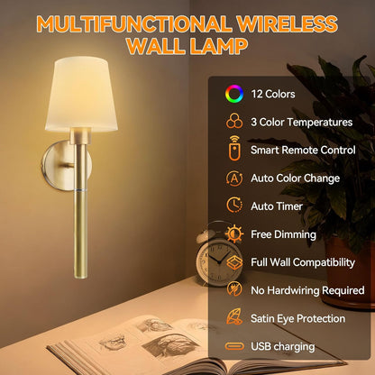 Neddie Battery Operated Wall Sconce Set of 2,Gold Rechargeable Wall Sconce,3 Dimmable Light Bulbs with Remote Control – 12-Color Wireless Wall Sconces, Ideal for Bedrooms, Living Rooms& Hallways