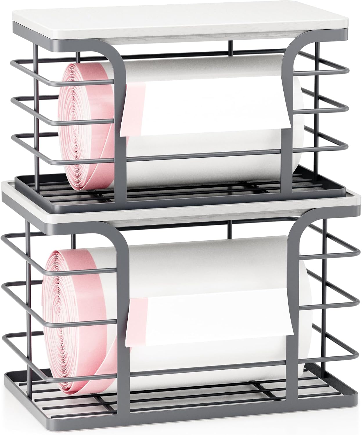 2 Pack Stackable Storage for Kitchen Laundry Pantry Organizers,Trash Bag Holder with Bamboo Top,Wall Mount Garbage Bag Dispenser,Black Large and Small