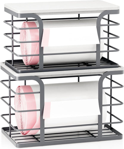 2 Pack Stackable Storage for Kitchen Laundry Pantry Organizers,Trash Bag Holder with Bamboo Top,Wall Mount Garbage Bag Dispenser,Black Large and Small