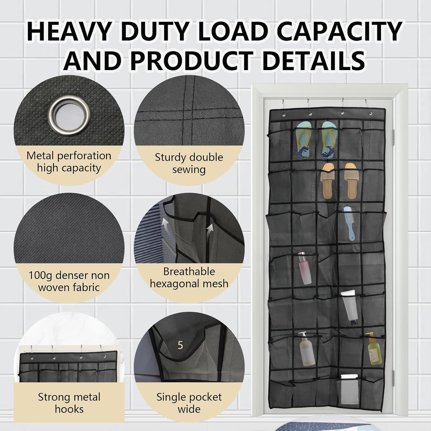 Over the Door Shoe Organizer, 12 Mesh Pockets Hanging Shoe Organizer with 4 Metal Hooks (Black)