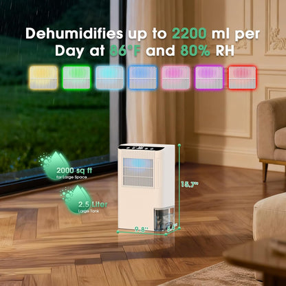 Dehumidifiers for Home, 2000 Sq.Ft Small Dehumidifier with 3.3ft Drain Hose, 2.5L Tank, Timer Sleep Mode, Portable Dehumidifier for Basement, Bedroom, Bathroom (Milk White)