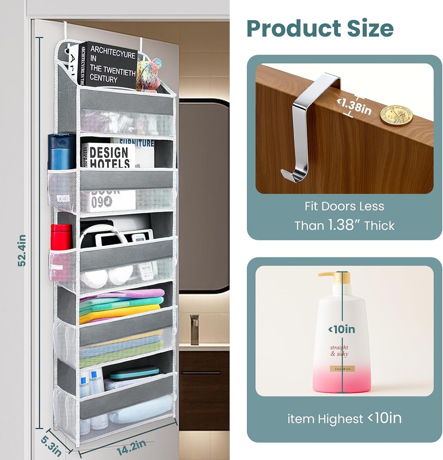 Over The Door Organizer with LifetimeWarranty, 4 Shelves & 4 Side Pockets, Large Storage Rack Holds 44lb, Heavy-Duty Reinforced Mesh Shelf for Bathroom, Closet, Toy Organization, Shoes, Towels, Grey