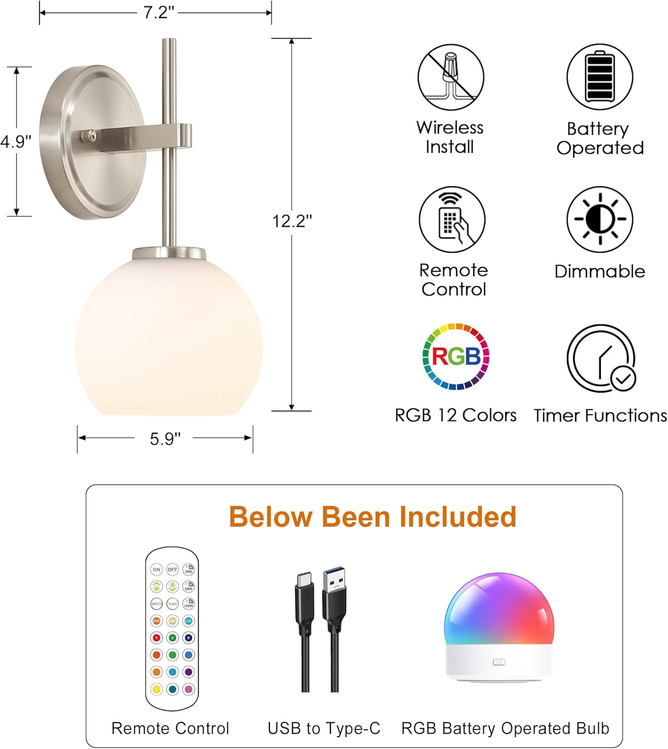Wireless Wall Sconces with Remote Control, Battery Operated Wall Sconce Set of 2, Black & Gold Rechargeable Dimmable Wall Light for Bedroom Living room Bathroom Hallway Entryway Stairwell, 3000K