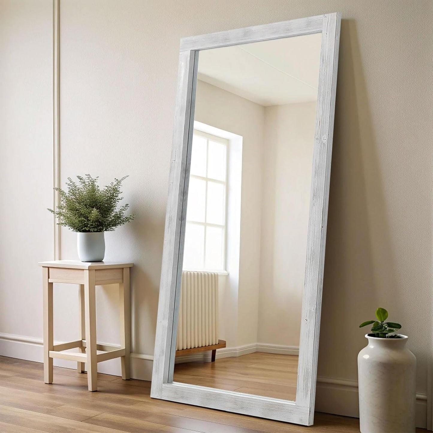 Rustic Standing Full Length Mirror Wood Frame, 56"X21" Farmhouse Floor Mirror for Bedroom Living Room Entryway, Hanging or Leaning Wall-Mounted Full Body Mirror, Tempered Glass, White