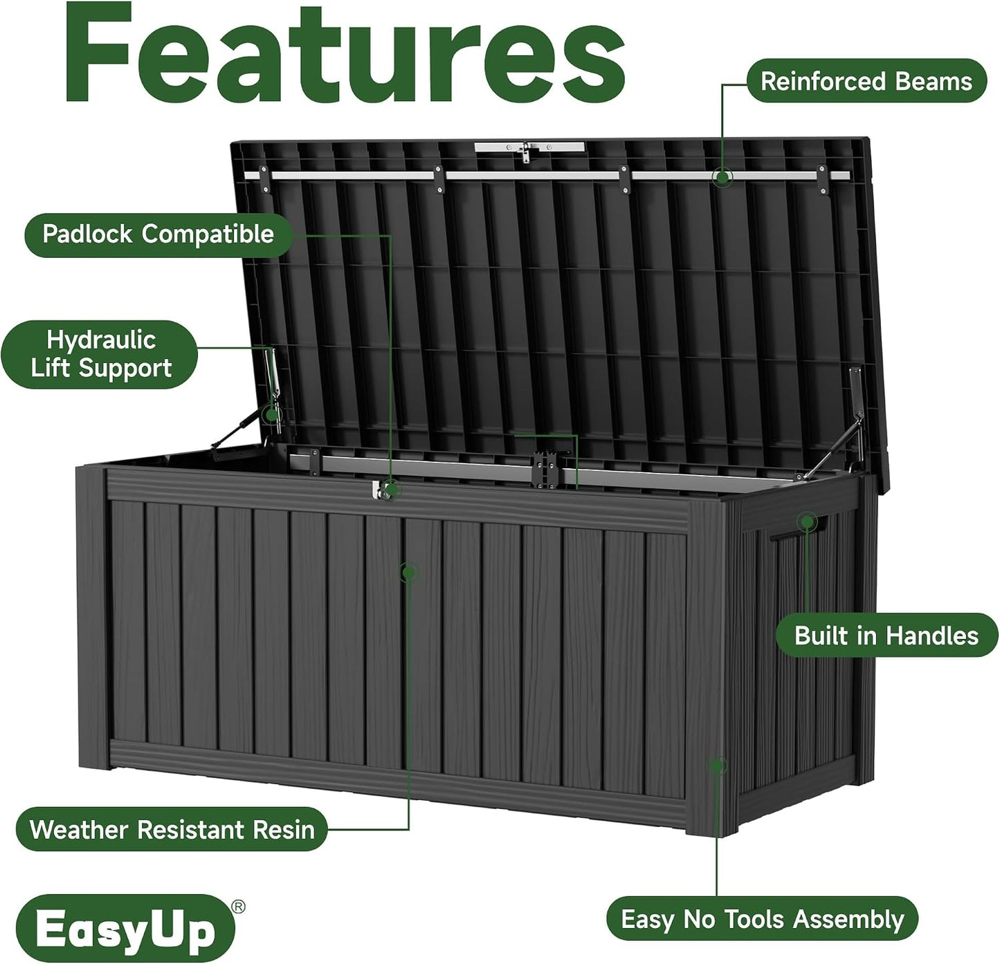 EasyUp 50 Gallon Outdoor Storage Box Waterproof Lockable Deck Boxes | UV Resistant Resin, for Garden Tools Cushions Patio Equipment, 300 lbs Capacity, Portable Design, Easy 16-Min Assembly