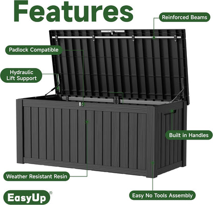 EasyUp 50 Gallon Outdoor Storage Box Waterproof Lockable Deck Boxes | UV Resistant Resin, for Garden Tools Cushions Patio Equipment, 300 lbs Capacity, Portable Design, Easy 16-Min Assembly