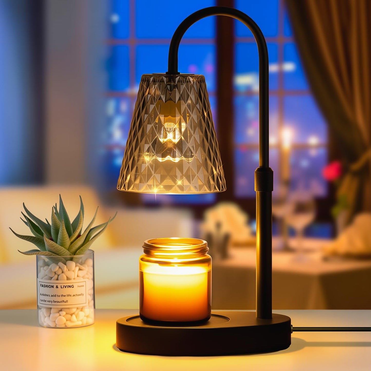 Candle Warmer Lamp with Timer - Electric Candles Wax Warmers Glass Lamps for Jar Candles Burner Adjustable Height and Dimmable Light Modern No Flame Scented Candle Warming Lantern, Amber