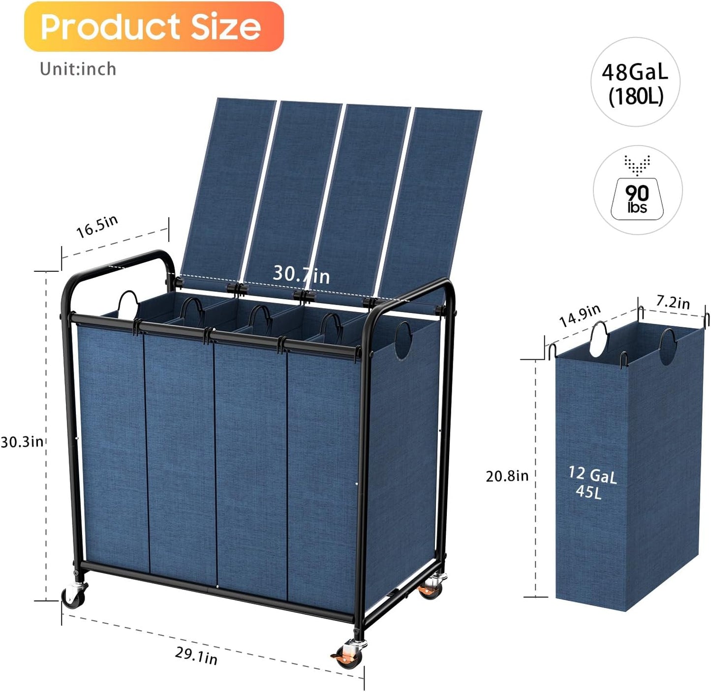 180L (47.55 Gal) Laundry Sorter 3 Section, Rolling Laundry Basket with Lockable Wheels and Lid, Laundry Hamper with 3 Separated Removable Bags Dirty Clothes Hamper for Laundry Room Organizer, Black