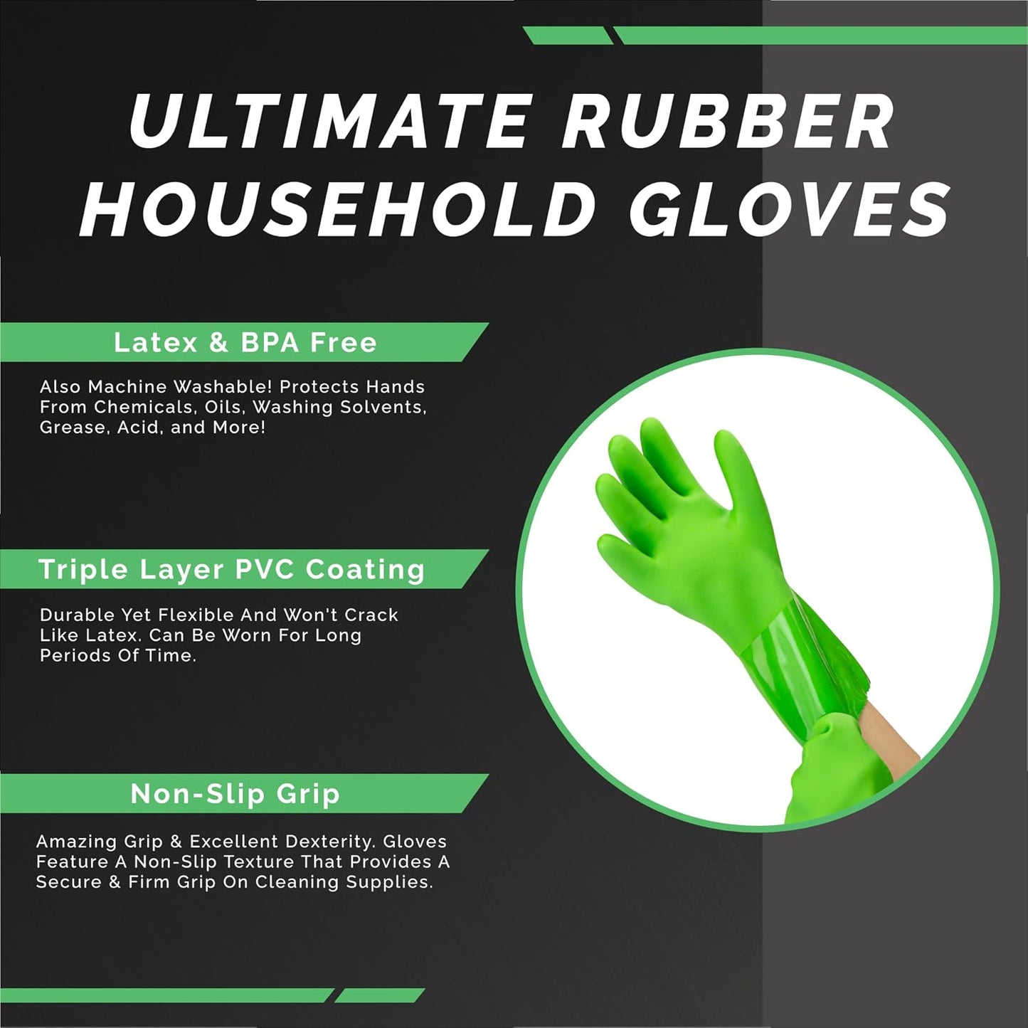 Kitchen-Star Ultimate Rubber Household PVC Gloves with Comfortable Cotton Lining, Anti-Slip surface, Kitchen Dishwashing, Extra Thickness, Kitchen Cleaning, Working, Painting, PetCare (X-Large, Green)