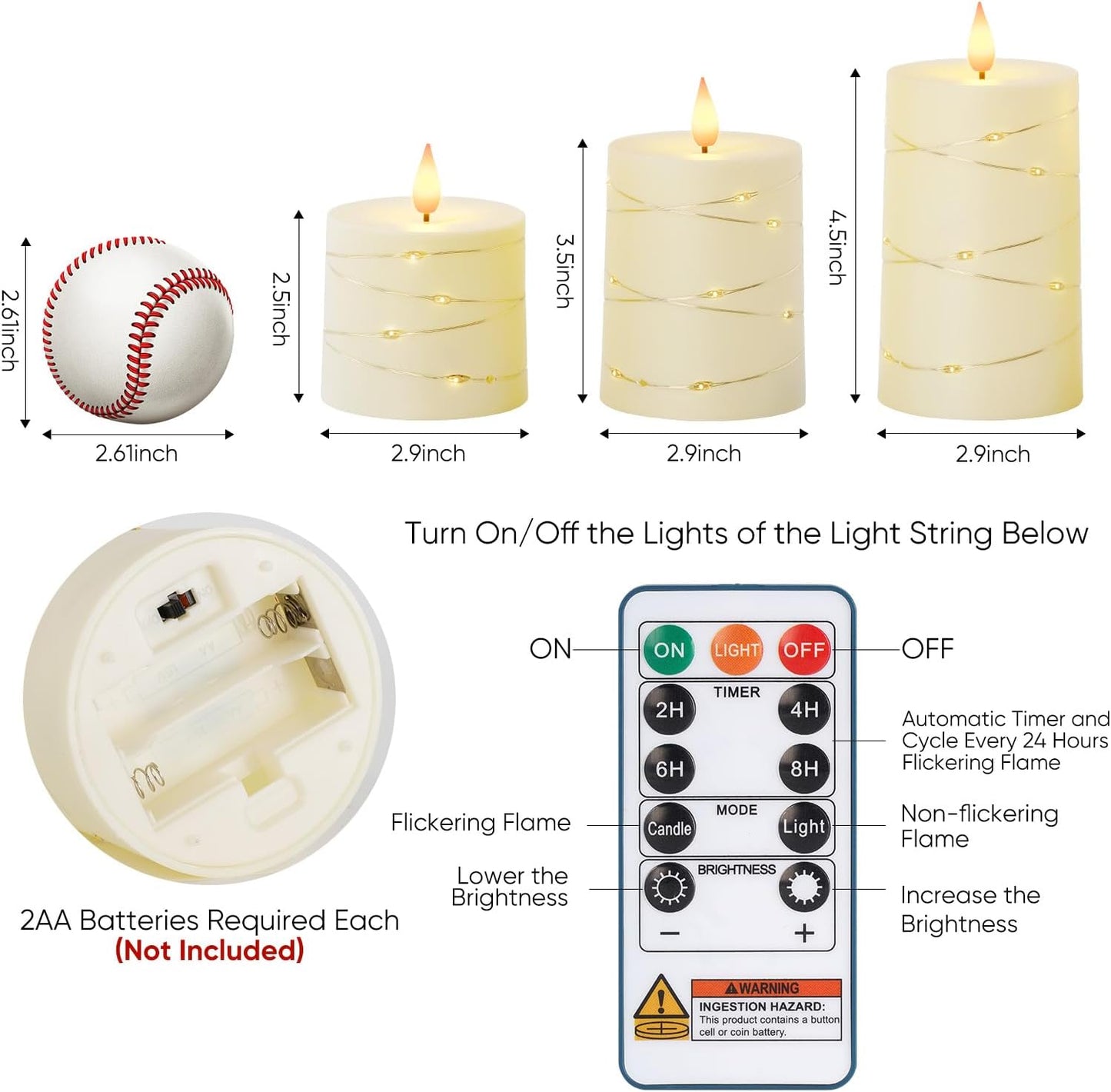 Raycare Flameless Candles with Remote Timer, Flickering Battery Operated LED Pillar Fake Candle with String Lights for Home Decor, Christmas, Wedding and Gift, White, Set of 3