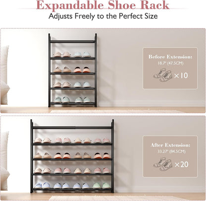 Bumusty 3-Tier Expandable Shoe Rack for Closet, 18“-33” Adjustable Shoe Rack for Small Space, Small Shoe Organizer for Front Door, Sturdy Metal, Black