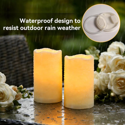 Raycare Outdoor Waterproof Flameless Candles, Battery Operated LED Electric Candles with Remote and Timers, Fake Pillar Candle for Patio, Porch, and Wedding Decor, Ivory, Set of 3(3"x4" 5" 6")