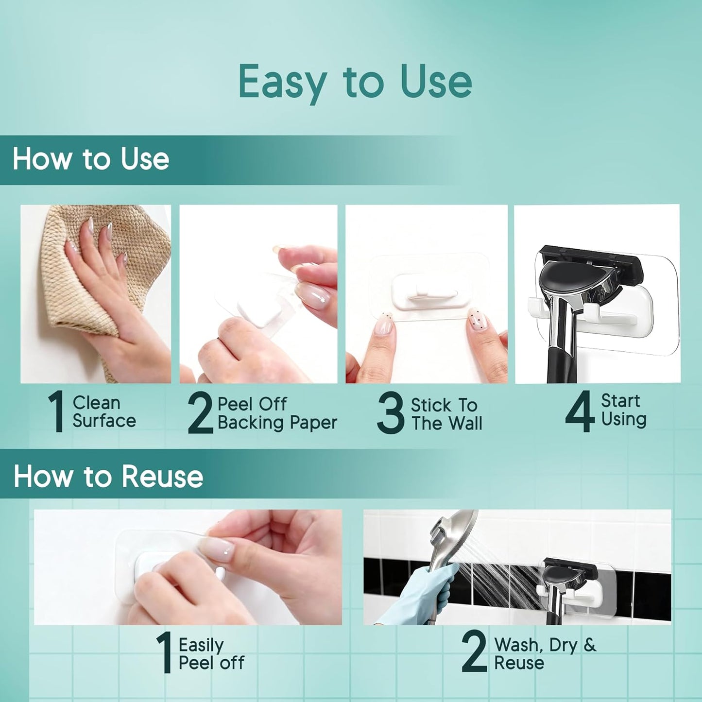 Hook LAB Strong Adhesive Shower Razor Holder, 2-Pack Waterproof Wall Hooks for Bathroom, Reusable & Removable No-Drill Hook for Razors, Towels & Accessories – Works on Tile, Glass & Metal - Black