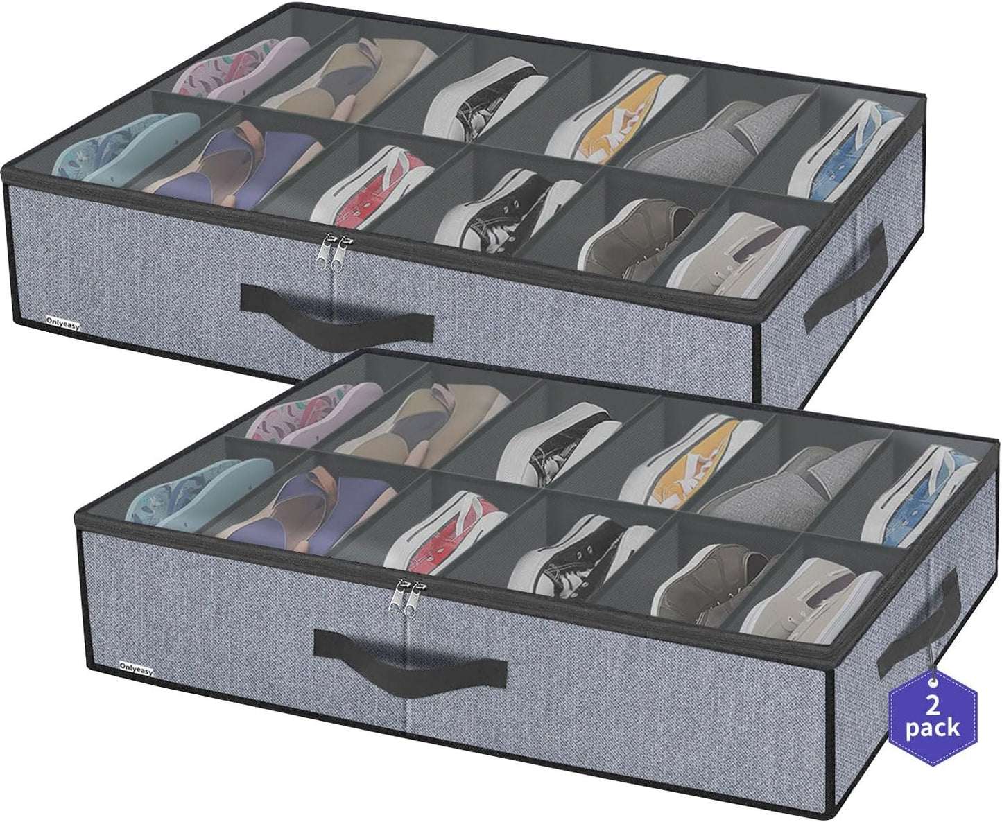 Onlyeasy Sturdy Under Bed Shoe Storage Organizer, Set of 2, Fit 12 to 24 Pairs, Underbed Shoes Closet Storage Solution with Clear Window, Breathable, L29.3 x W23.6 x H5.9, Linen-like Black, MXAUBSB2P
