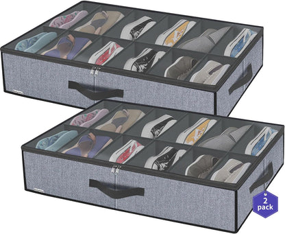 Onlyeasy Sturdy Under Bed Shoe Storage Organizer, Set of 2, Fit 12 to 24 Pairs, Underbed Shoes Closet Storage Solution with Clear Window, Breathable, L29.3 x W23.6 x H5.9, Linen-like Black, MXAUBSB2P