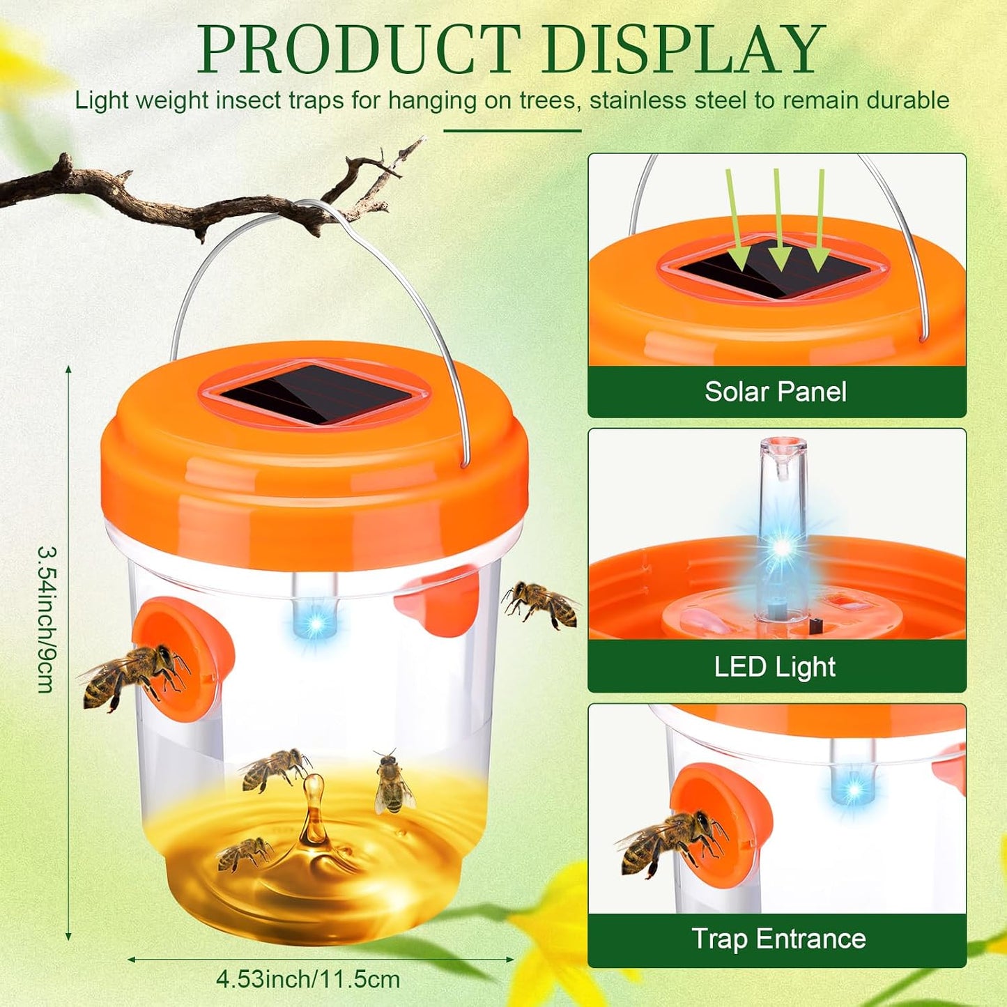 Wasp Trap Solar Powered Bee Trap Reusable Fly Traps Outdoor Hanging Wasp Killer with UV LED Light Flying Insects Bee Killer for Indoor Outside Patio Garden Home (6, Yellow)