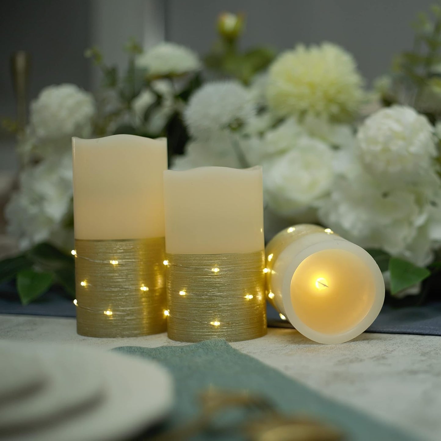 H-BLOSSOM Flickering Flameless Candles Ivory Real Wax Pillar with Embedded String Lights LED Candles Battery Operated with 10 Key Remote and Cycling 5H Timer Set of 3 (3" x 4"/5"/6") (Silver)