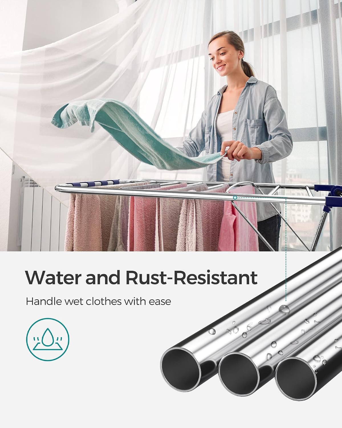 SONGMICS Clothes Drying Rack, with Sock Clips, Metal Laundry Rack, Foldable, Space-Saving, Free-Standing Airer, with 2 Height-Adjustable Gullwings, Indoor Outdoor Use, Gray ULLR052G01