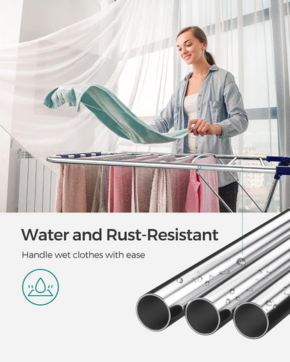SONGMICS Clothes Drying Rack, with Sock Clips, Metal Laundry Rack, Foldable, Space-Saving, Free-Standing Airer, with 2 Height-Adjustable Gullwings, Indoor Outdoor Use, Gray ULLR052G01