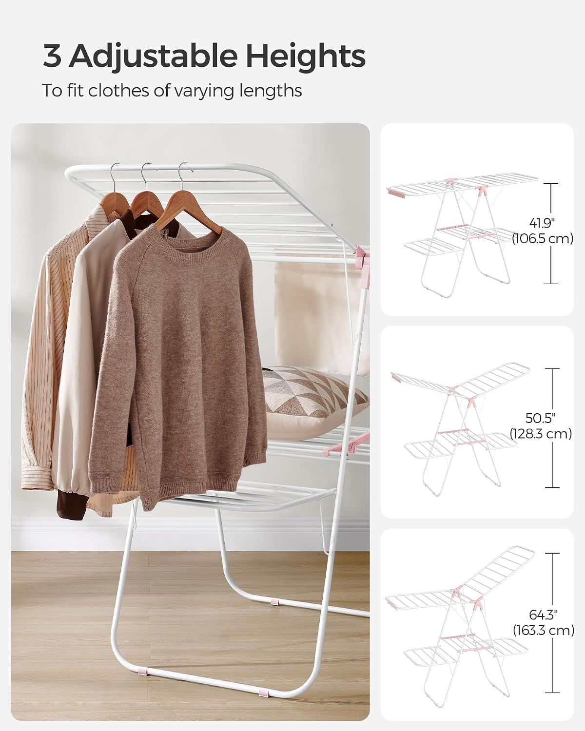 SONGMICS Clothes Drying Rack, with Sock Clips, Metal Laundry Rack, Foldable, Space-Saving, Free-Standing Airer, with 2 Height-Adjustable Gullwings, Indoor Outdoor Use, Gray ULLR052G01