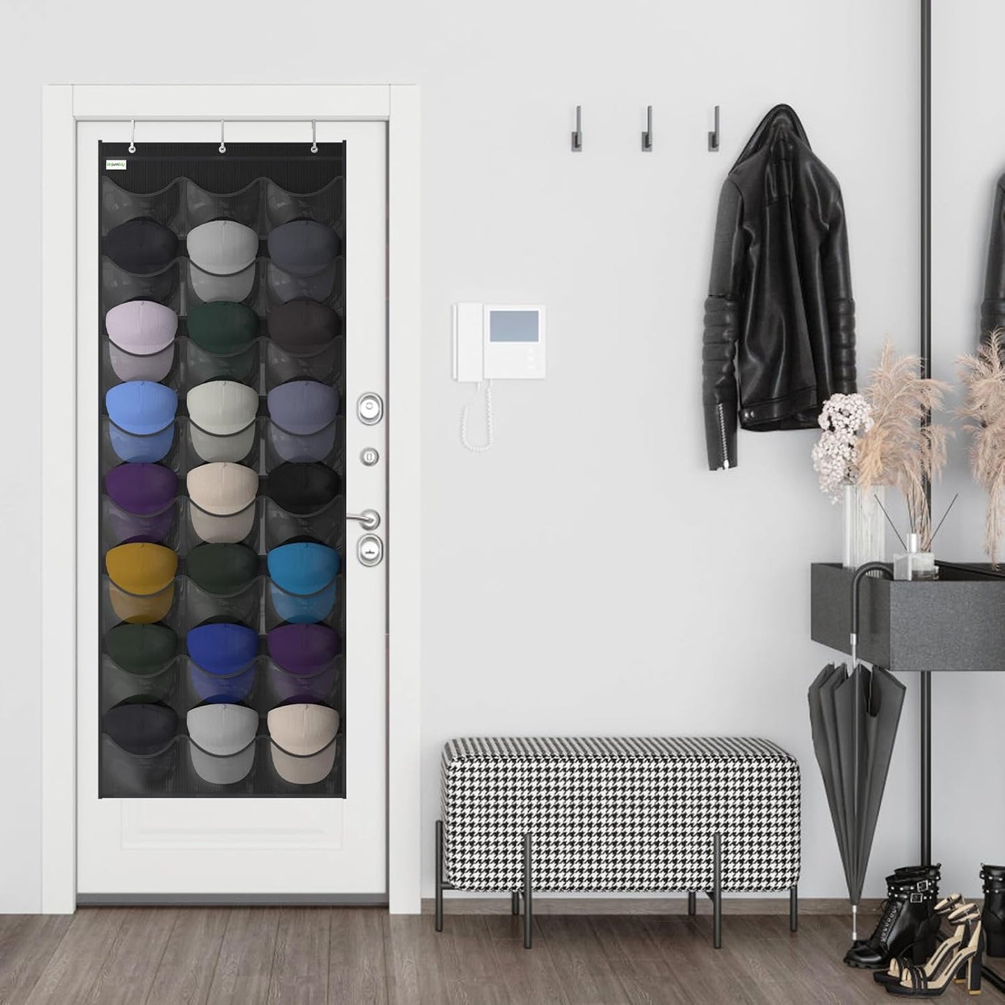 Baseball Hat Rack, 24 Pocket Over-The-Door Hat Organizer with Clear Deep Pockets to Display Baseball Caps Collection, Complete with 3 Over Door Hooks (Black, 24 Pockets)